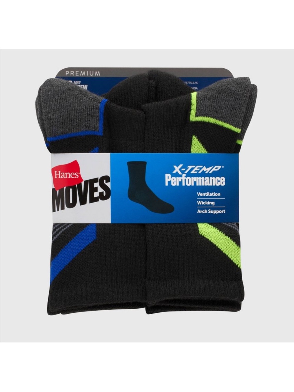 12 Hanes Moves X-Temp Performance Boys Black Crew Athletic Socks